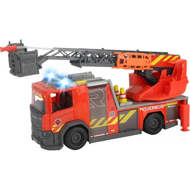 Машинка для детей Dickie Toys Пожарная машина Скания с телескопической стремянкой, со звуком и световыми эффектами 35 см (3716017) - изображение 1