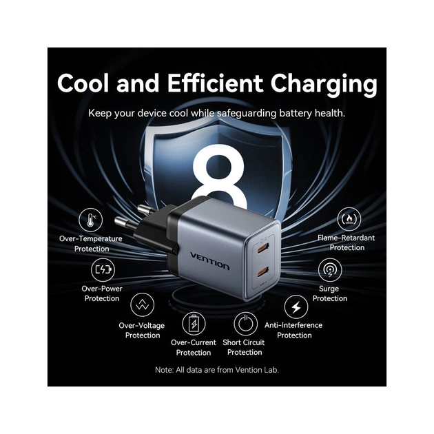 Зарядний пристрій Vention 2xUSB-C PD45W GaN + cable USB-C to USB-C 1.0m black gray (TZ-FCDH0-EU) - зображення 8