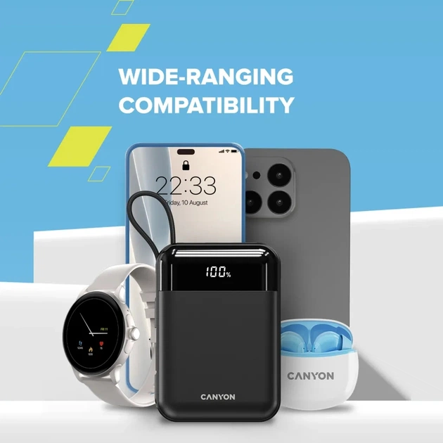 Батарея універсальна Canyon 10000mAh OnPower 104 PD/20W, QC/22.5W built-in cable Black (CNS-CPB104B) - зображення 9