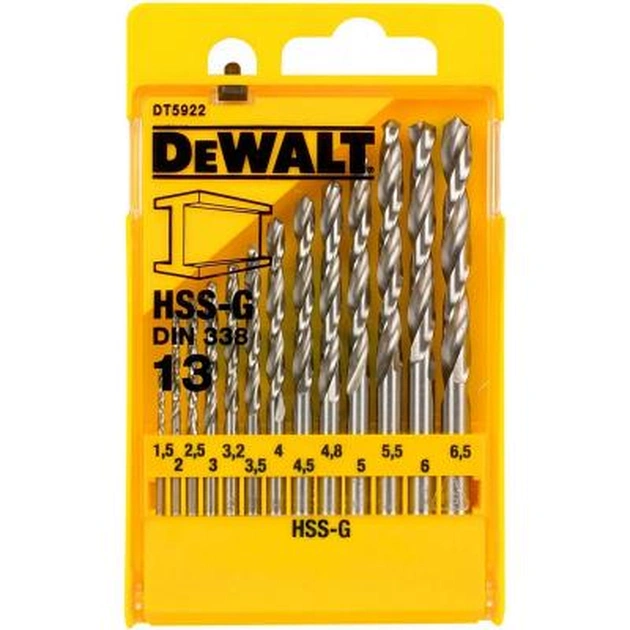 Набор сверл DeWALT HSS-G по металлу, 13шт, d=1,5-6,5мм. (DT5922) - изображение 1