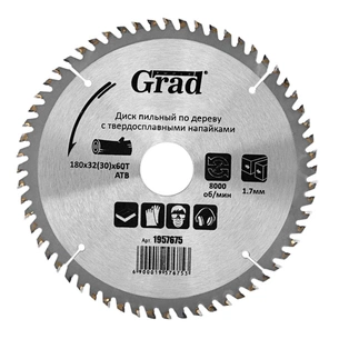 Диск пильний Grad по дереву з твердосплавними напайками Ø180×32(30)×60Т, 8000об/хв GRAD (1957675) (1957675) зображення 1
