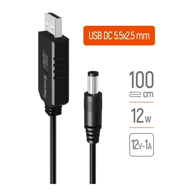 Кабель живлення USB to DC 5.5x2.5mm 12V 1.0m black ColorWay (CW-CBUD067-BK) - picture 1