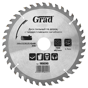 Круг відрізний Grad по дереву з твердосплавними напайками Ø200×32(30;25.4)×40Т, 7000об/хв (1958245) зображення 1