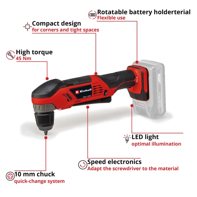 Дриль Einhell кутова TE-AD 18 Li - Solo PXC 18В, 1100 об/хв, 45Нм (без АКБ та ЗП) (4514290) - picture 10
