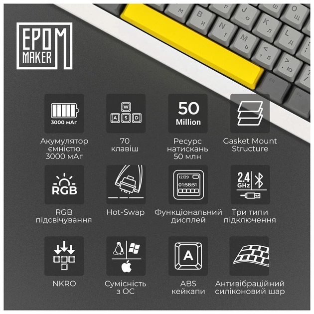 Клавіатура Epomaker Shadow-X 70 Mulan Switch Hot-Swap LCD Screen RGB Wireless/Bluetooth/USB UA White (SHX-W-M) - picture 9