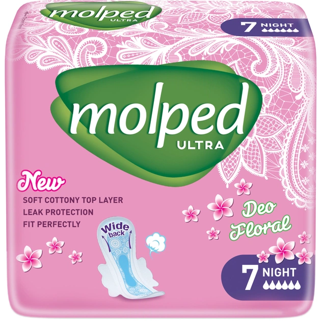 Гигиенические прокладки Molped Ultra Night Deo Floral 6 капель 7 шт. (8690536839636) - изображение 1