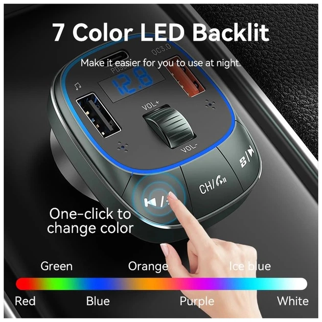 FM модулятор Vention PD 54W 3-Port USB (C+A+A) LED/USB Flash/Bluetooth, вольтметр (FFLB0) - picture 11