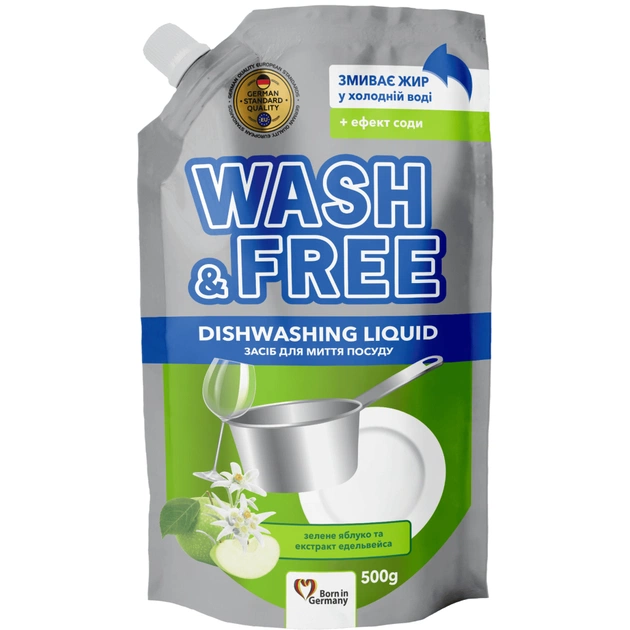 Засіб для ручного миття посуду Wash&Free Зелене яблуко та екстракт едельвейса дой-пак 500 г (4260637724656/4823128001324) - зображення 1
