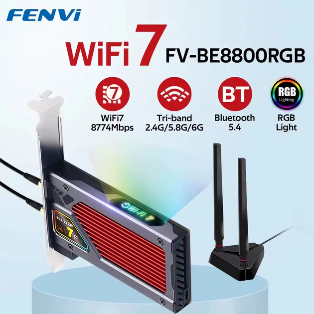 Бездротовий адаптер Fenvi FV-BE8800RGB Wi-Fi 7, Bluetooth 5.4 Gaming Tri Band 2.4G/5G/6GHz - picture 8