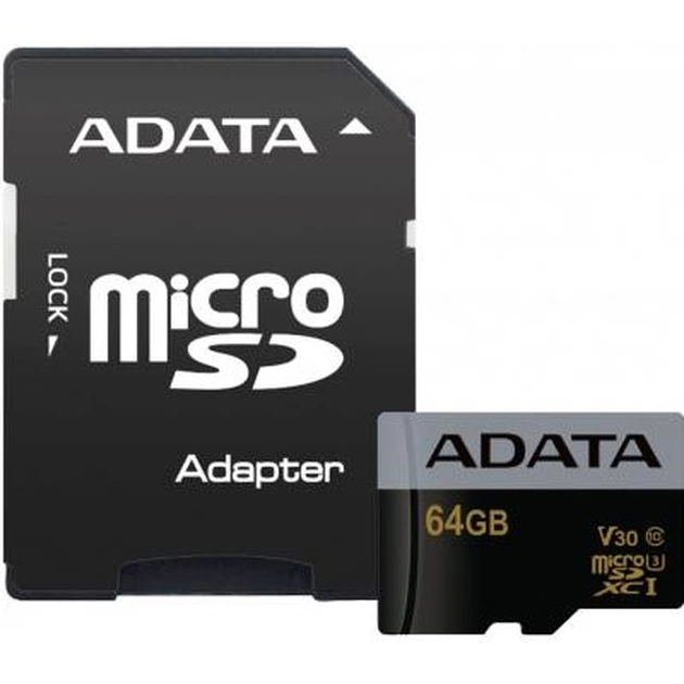 Карта пам'яті ADATA 64GB microSD class 10 UHS-I U3 V30 Premier Pro (AUSDX64GUI3V30S-RA1) - зображення 1