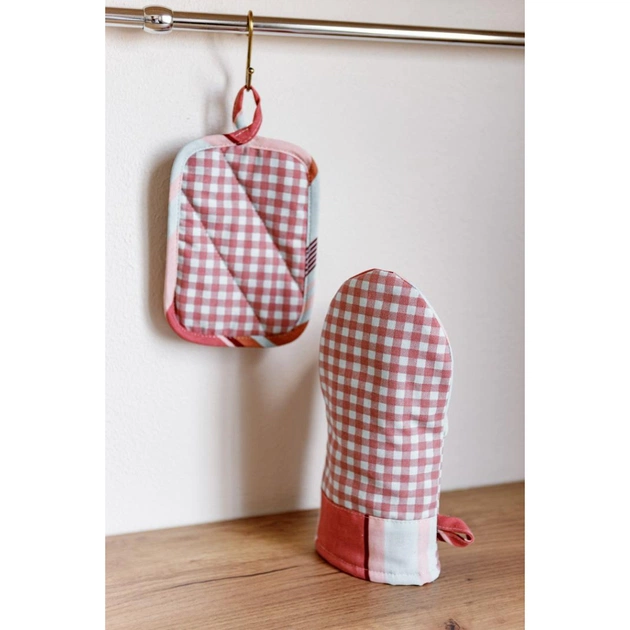Кухонна прихватка Прованс Набір рукавиця 29х15 та прихватка 15х20 Коралова клітинка (035661) - picture 1