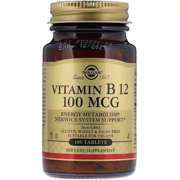 Витамин Solgar Вітамін В12 (Ціанокобаламін), Vitamin B12, 100 мкг, 100 таб (SOL-03180) - изображение 1