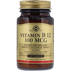 Вітамін Solgar Вітамін В12 (Ціанокобаламін), Vitamin B12, 100 мкг, 100 табл (SOL-03180) зображення 1