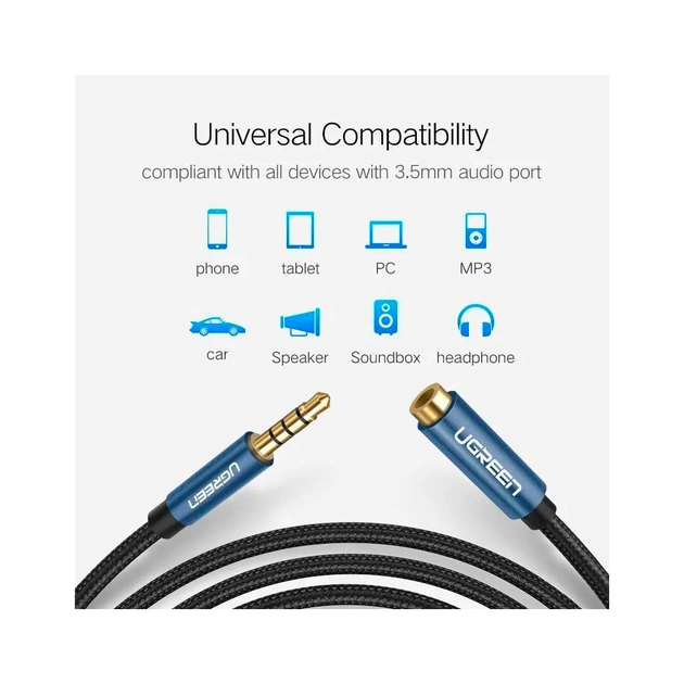 Кабель мультимедійний 3.5mm M to 3.5mm F 1.0m AV118 blue Ugreen (40673) - зображення 6