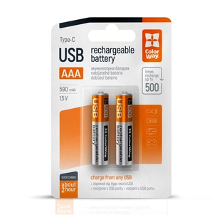 Акумулятор ColorWay AAА USB-С 590 mAh 1.5V (2шт) (Li-Polymer) (CW-UBAAA-09) зображення 1