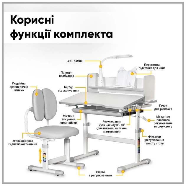 Парта зі стільцем ErgoKids Grey (+ поличка та лампа) (BD-24 G) - picture 4