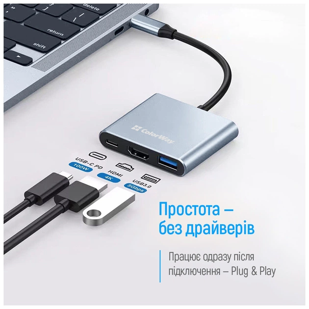 Концентратор ColorWay USB-C 3-in-1 USB 3.0 + HDMI 4K + USB-C PD100W (CW-HUB08) - picture 11