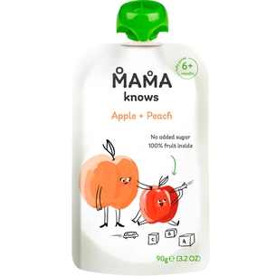 Дитяче пюре Mama knows Яблуко та Персик без цукру 90 г (4820016254459) зображення 1