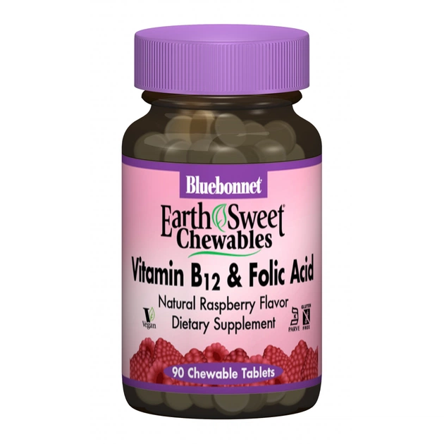 Вітамін Bluebonnet Nutrition Вітамін В12 и Фолієва кислота, Смак Малини, Earth Sweet Chew (BLB0434) - зображення 1