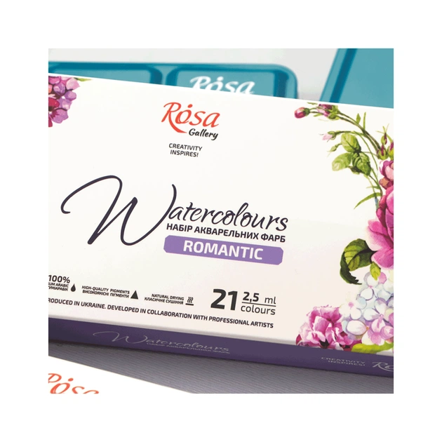 Акварельні фарби Rosa Gallery Romantic в металевому пеналі Бірюза 21 колір кювета (4823098525745) - picture 5