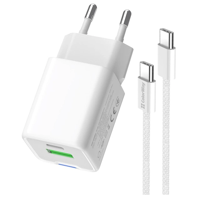 Зарядний пристрій ColorWay C101A GaN Mini 20W PD PPS USB-C + USB-A QC4.0 + cable USB-C to USB-C black (CW-CHS062PDC-WT) - picture 4