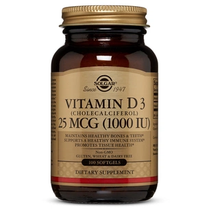 Вітамін Solgar Вітамін D3, Cholecalciferol, 25 мкг, 1,000 МE, 100 гелевих к (SOL03340) зображення 1
