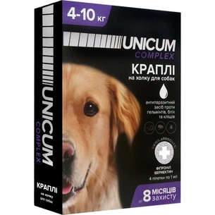 Краплі для тварин Unicum COMPLEX від бліх, кліщів та гельмінтів на холку для собак 4-10 кг/4 шт (4820150202514) зображення 1