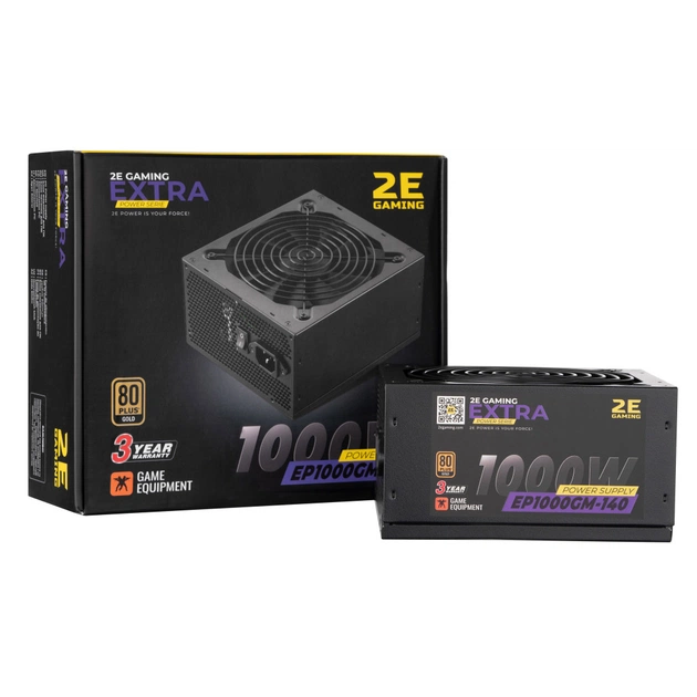 Блок живлення 2E GAMING EXTRA POWER (1000W), >90, 80+ Gold, 140mm, 1xMB 24pin(20+4), 2xCPU 8pin(4+4), 4xMolex, 6x (2E-EP1000GM-140) - зображення 1