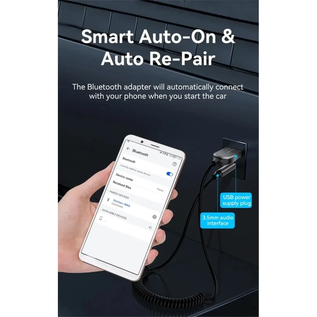 FM модулятор Vention AUX TRS 3.5мм USB Bluetooth 5.0 Coiled Cable 1.5M Gray Zinc (NAGHG) - picture 9