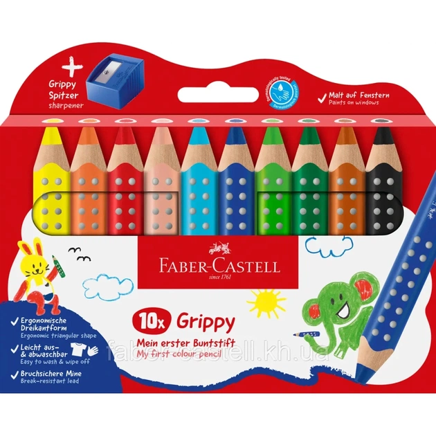 Олівці кольорові Faber-Castell Jumbo Grippy акварельні, 10 кольорів + стругачка (110636) (33043) - зображення 1
