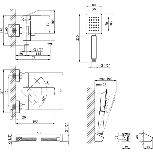 Душовий гарнітур Kroner Edelstahl Kubus-ESG010 + змішувач Edelstahl Kubus-ESG060 + штанга для душу Edelstahl Kubus-ESG23 (CVS30151) - picture 10
