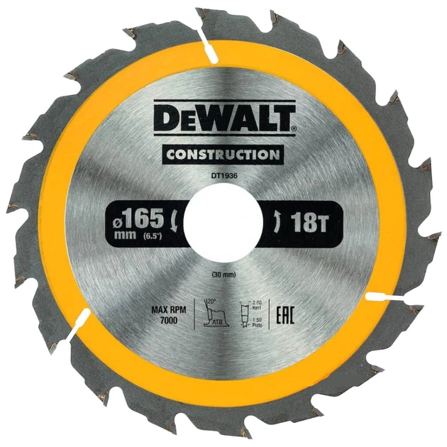 Диск пильный DeWALT CONSTRUCTION, 165х30мм, 18 z , ATB, 20 градусов, 7000 об/мин. (DT1936) - изображение 1