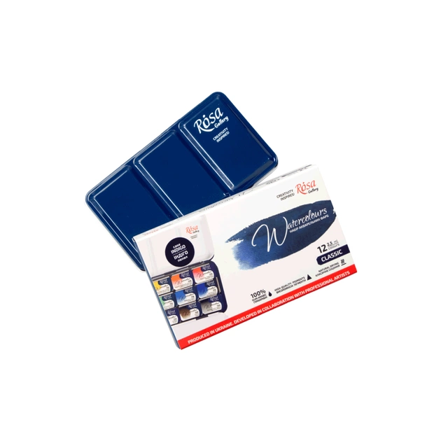 Акварельні фарби Rosa Gallery Класика в металевому пеналі Індиго 12 кольорів кювета (4823098525677) - picture 3