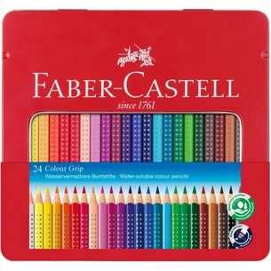 Олівці кольорові Faber-Castell Grip акварельні, тригранні, в металевій коробці 24 кольори, (112423) (25578) зображення 1