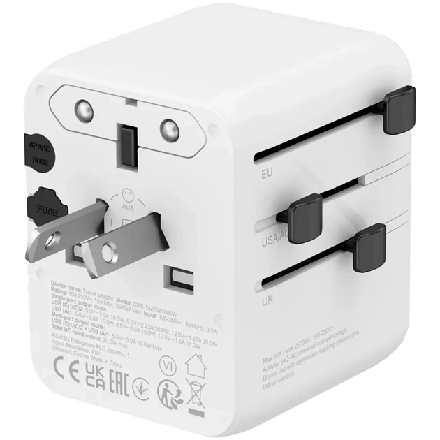 Зарядний пристрій Canyon OnTour 20 2xUCB-C + USB-A EU/UK/US/AUS 20W White (CNS-TA20W1005W) - picture 4