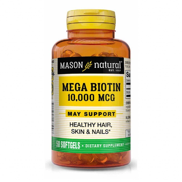 Вітамін Mason Natural Біотин 10000мкг, Mega Biotin, 50 гелевих капсул (MAV16799) - изображение 1