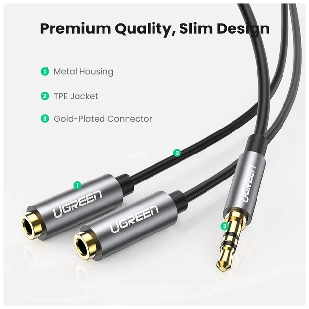 Кабель мультимедійний 3.5mm M to 2x3.5mm F 0.2m AV123 black Ugreen (10532) - picture 3