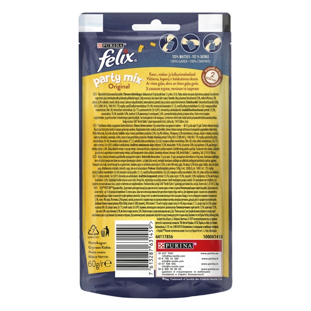 Ласощі для котів Purina Felix Party Mix Ориджинал Мікс з куркою, печінкою та індичкою 60 г (7613287631459) - picture 2