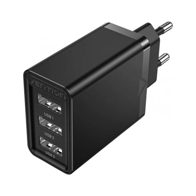 Зарядний пристрій Vention 3xUSB A 12W Black (FEAB0-EU) - изображение 1