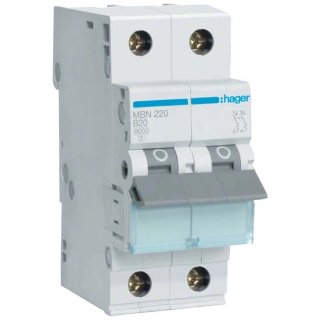 Автоматичний вимикач Hager 2-п. B 20A (6kA) 2M (B) (MBN220) - изображение 1