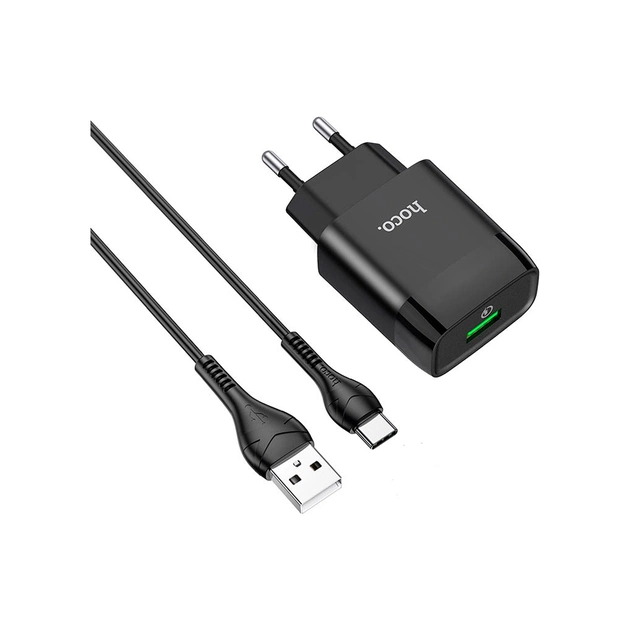 Зарядное устройство HOCO C72Q Glorious USB QC3.0 + cable USB to USB-C 18W Black (6931474732545) - изображение 1