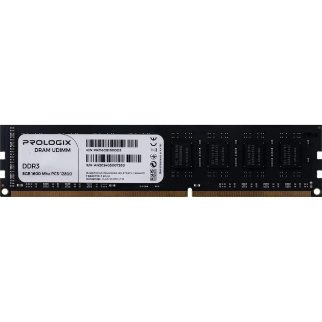 Модуль пам'яті для комп'ютера DDR3 8GB 1600 MHz Prologix (PRO8GB1600D3) - зображення 1