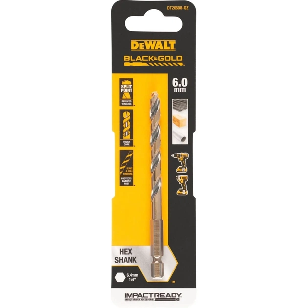 Свердло DeWALT по металу EXTREME IMPACT Black&Gold, HSS-G, 6 х 101,5 х 63 мм, 1 шт. (DT20608) - зображення 1