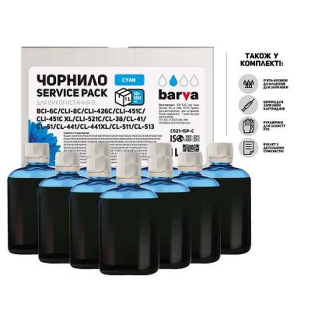 Чорнило Barva Canon CLI-521/CL-511 Cyan 10x100мл ServicePack (C521-1SP-C) - изображение 1
