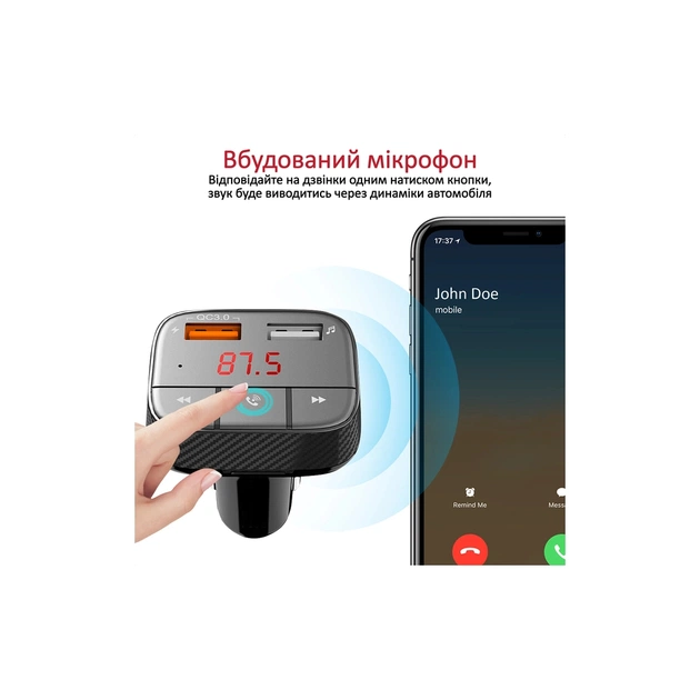 FM модулятор Promate SmarTune 2+ BLUETOOTH 5.0 USB QC 3.0 AUX/SD/USB BLACK (smartune-2+.black) - зображення 4