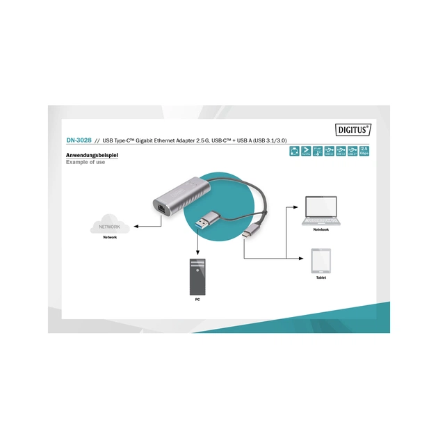 Перехідник USB-C + USB 3.0 to RJ45 2500Mbps Ethernet Digitus (DN-3028) - picture 10