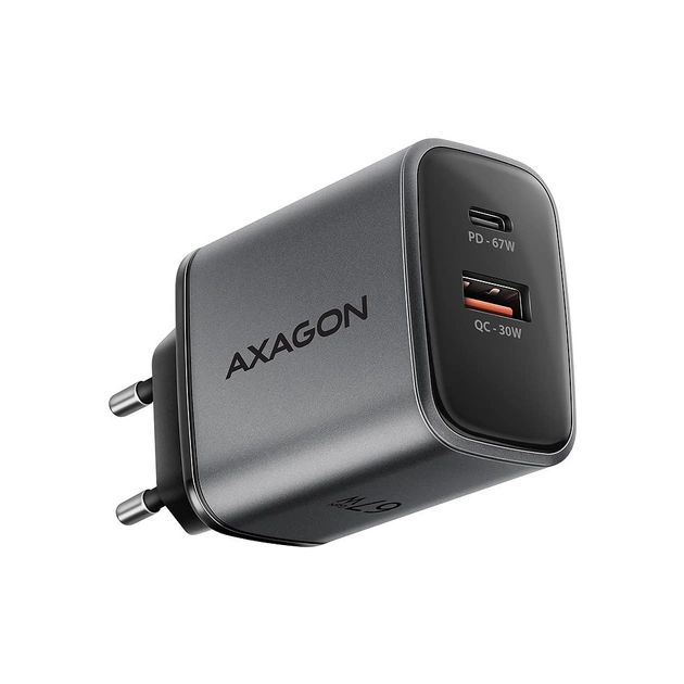 Зарядное устройство AXAGON 1xUSB-C PD67W + 1xUSB QC4+ PPS gray (ACU-PQ67) - изображение 1