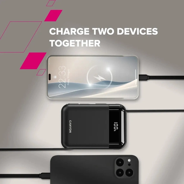 Батарея універсальна Canyon 10000mAh OnPower 104 PD/20W, QC/22.5W built-in cable Black (CNS-CPB104B) - зображення 10