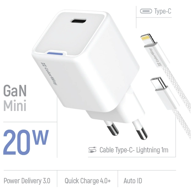 Зарядний пристрій ColorWay C101D GaN Mini 20W PD PPS USB-C + cable USB-C to Lightning white (CW-CHS059PDL-WT) - picture 7