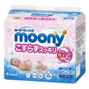 Дитячі вологі серветки Moony для сідниць Дбайливе очищення 3 х 60 шт (4903111180509) зображення 1